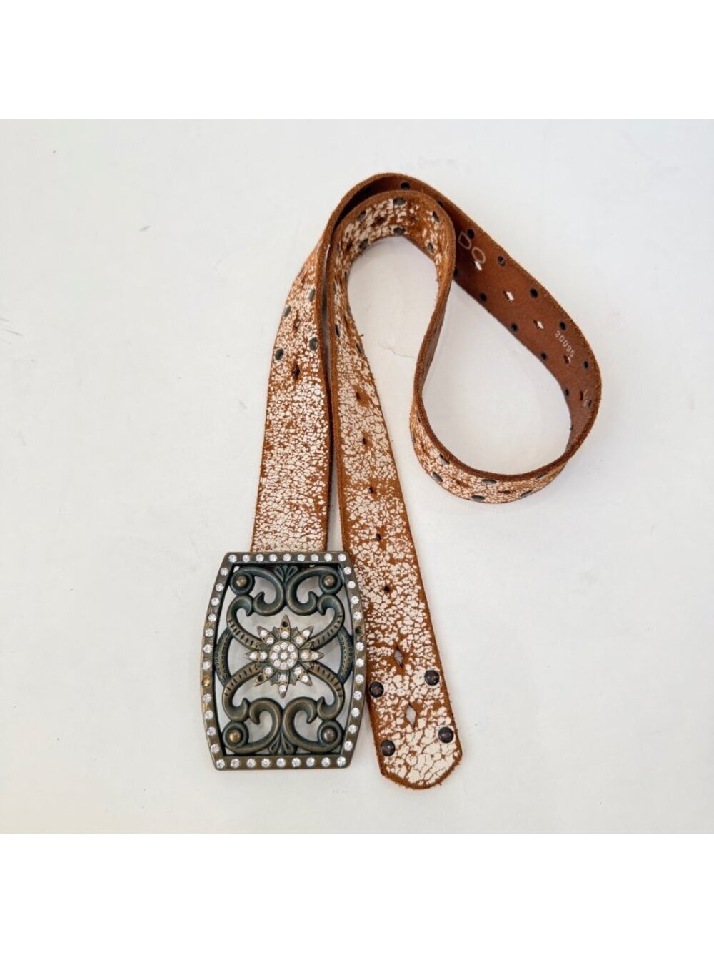 Aldo Y2K Western Boho Distressed Leather Belt Rhinestone Buckle Studded Brown